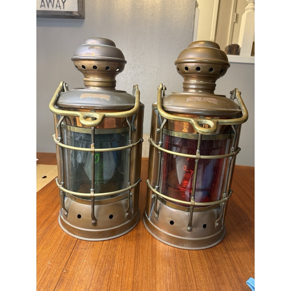 Vintage Maritime Copper Brass Oil Navigation Lantern Pair Port Starboard WWII